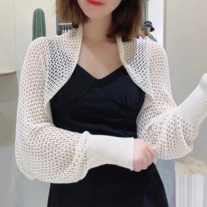 여성용 단색 할로우 아웃 긴 소매 자외선 차단 루즈 니트 카디건, 여름