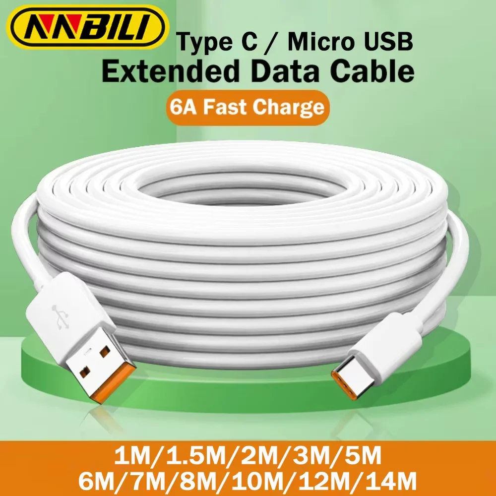 NNBILI 2024 신제품 1M-14M 초장형 마이크로/타입 C USB C 충전 케이블 샤오미 화웨이 PS4/5 카메라 VR 안드로이드 폰 범용