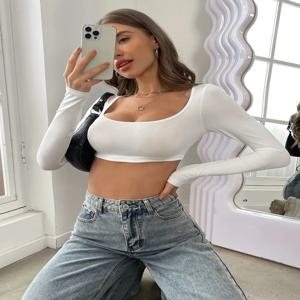 봄 가을 여성 긴팔 티셔츠 스퀘어넥 크롭 티셔츠 풀오버 베이직 티 Y2K 스트릿웨어 여성 의류 탑