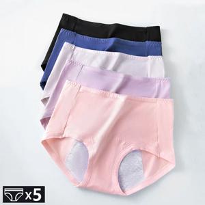5Pcs 누출 방지 월경 여성 팬티 코튼 생리학적 팬티 여성 란제리 기간 바지 중반 허리 속옷 확대
