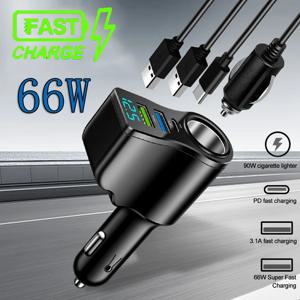 4-In-1 전원 어댑터 차량용 충전기 소켓 분배기(USB 포트 2개 포함) 12V/24V USB Type-C PD 디지털 디스플레이로 고속 충전
