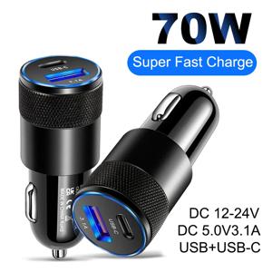 미니 70W PD QC 3.0 고속 충전 차량용 충전기 USB 타입 C 폰 어댑터 아이폰 샤오미 삼성 화웨이 듀얼 포트 차량용 충전기