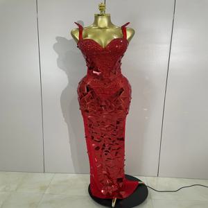 섹시한 럭셔리 반짝이는 다이아몬드 미러 스팽글 메쉬 투명 롱 드레스 여성 이브닝 생일 파티 나이트클럽 바 무대 의상
