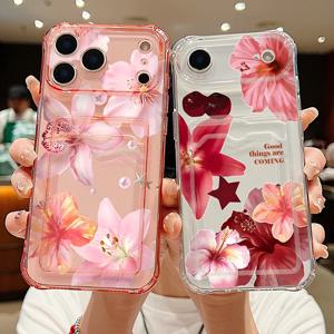 카드 슬롯이 있는 투명 아이폰 케이스 (iPhone 17e, 18, 17 Pro Max, 16, 15, 14, 13 Pro Max, 16e, 12 모델 호환), 릴리 꽃무늬, 부드러운 실리콘 재질