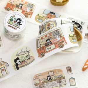1롤 2/3롤 고양이 카페 시리즈 귀여운 디저트 반짝이 모래 와시 테이프 DIY 스크랩북 미적 마스킹 테이프