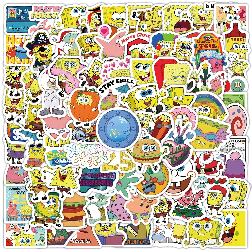 100pcs Kawaii SpongeBob 만화 SquarePants 낙서 스티커 수하물 노트북 만화 방수 스티커 어린이 장난감 장식