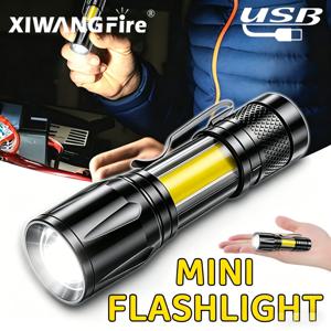 미니 LED 손전등 COB+XPE 휴대용 토치 USB 충전 캠핑 랜턴 줌이 가능한 포커스 라이트 펜 클립이 있는 전술 손전등