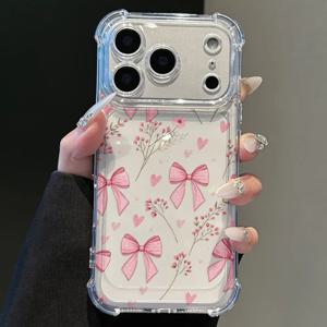 핑크 리본 꽃 에어쿠션 스페이스 투명 폰 케이스 (아이폰 18 17 16 15 14 13 12 11 Pro Xs Max Plus X XR) 충격 방지 커버