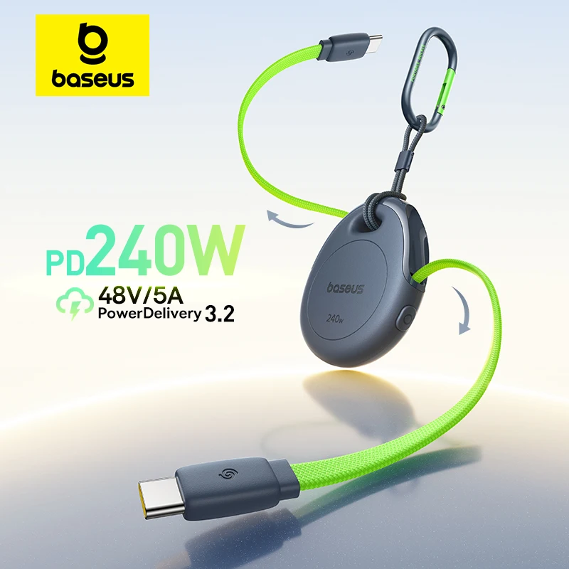 베이스어스 240W 원프레스 리턴 접이식 케이블 USB-C 타입-C 고속 충전 데이터 케이블 (아이폰, 맥북용, 카라비너 클립 포함)