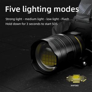 XHP360 줌 LED 헤드램프(36개 램프 비드 포함), 18650 충전식 밝기 조절 가능 조명(낚시, 캠핑, 하이킹용)