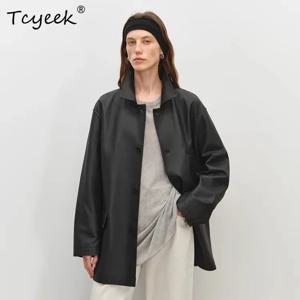 Tcyeek 100% 소가죽 소재의 정장 스타일 재킷, 여성용 중간 길이의 가을 의류, 패셔너블한 여성용 코트, 빈티지 스타일 여성용 아우터