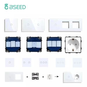 BSEED 벽 터치 스위치 1/2/3Gang 1/2Way 전등 스위치 조광기 기능 부품 유리 패널 프레임 EU 벽 소켓 DIY 부품 흰색