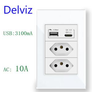 Delviz Type C USB 벽면 소켓, 3A USB 포트 빠른 충전, 120mm*72mm 크리스탈 유리 패널, 브라질 표준 10A 전원 콘센트