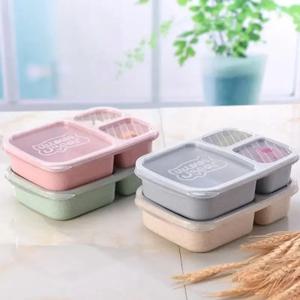휴대용 점심 밀짚 도시락 단층 3칸 뚜껑 전자레인지 식품 용기 생분해성 도시락 보관 용기 테이블 도구