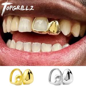 TOPGRILLZ 치과 그릴 기하학 더블 중공 광택 치아 Grillz 펑크 치아 캡 여성용 남성용 쥬얼리 할로윈 파티