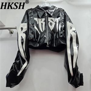 HKSH 봄 가을 신상 여성 숏 재킷 인조 가죽 레터 자수 리벳 더블 지퍼 스트리트웨어 아메리칸 스타일 HK12019