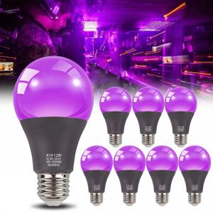 E27 LED UV 블랙라이트 전구 A19 12W 퍼플 블랙라이트 UVA 385-400nm 야광 전구, 블랙라이트 마스크 파티용