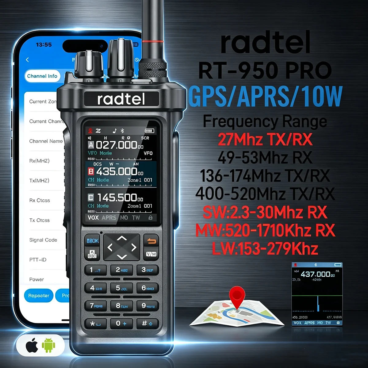 RT-950 PRO 휴대용 무전기, AM/FM/CB/LSB/USB/CW 수신 기능, GPS APRS, 10W 출력, 블루투스, 전화 기능, 아마추어 무선 통신용 RT-950PRO