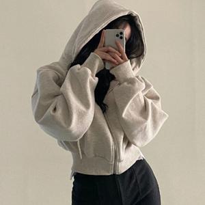 가을 겨울 지퍼업 플리스 안감 후드 스웨트셔츠 따뜻한 크롭탑 여성 캐주얼 스트리트웨어 인스 긴팔 자켓 하라주쿠 Y2K