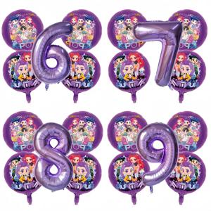 K P 포일 풍선 세트 걸그룹 1-9 숫자 보라색 별 풍선 캐릭터 케이크 토퍼 생일 파티 사진 소품