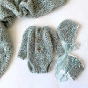 신생아 여아 니트 롬퍼 모자 장갑 세트 민트 그린 레이스 리본 공주 사진 촬영 소품 유아 겨울 따뜻한 옷