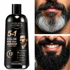 YUITIKUE 5 in 1 남성용 블랙 헤어 컬러 샴푸 15분 천연 염색약 (헤어/수염용) 식물성 순한 그레이 커버 홈 염색 케어