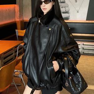 2026 가을 겨울 여성용 인조 가죽 재킷 개성있는 비대칭 스탠드 칼라 루즈핏 여성 코트 긴소매 봄버 아우터
