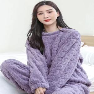 추앙거(CHUANGERM) 여성용 두툼한 코랄 플리스 파자마 세트, 가을/겨울용 따뜻한 플란넬 안감, 빅사이즈, 홈웨어