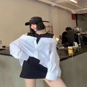 False Two Piece 폴로 칼라 블라우스 여성 셔츠 루즈 탱크 패치 워크 긴 소매 셔츠 오프 숄더 스프링 풀오버 탑 New