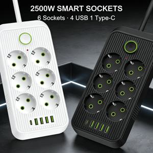 멀티 포트 EU 플러그 AC 콘센트 6/8 EU 홀 4개 USB 타입 C 포트 스마트 서지 보호 전기 소켓 휴대폰 충전 어댑터