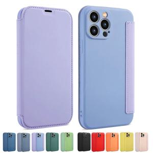 플립 가죽 액체 실리콘 케이스 iphone 16 Pro Max 14 12 13 11 15 X XR XS Plus SE2022 렌즈 보호 카드 Solt Book Cover
