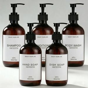 5-500ml 리필 가능한 호박색 플라스틱 펌프 병 세트, 샴푸, 컨디셔너, 바디워시, 핸드솝, 주방세제용 빈 디스펜서