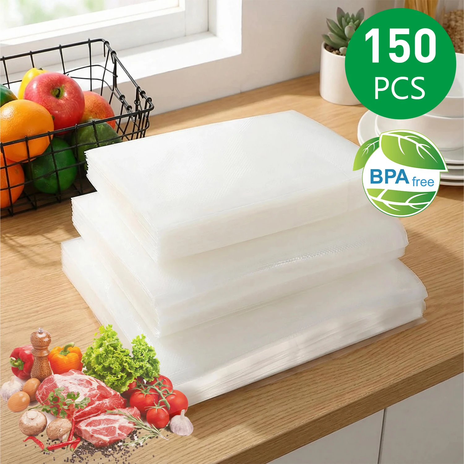 식품용 진공 포장 백, 150개 (3가지 크기 콤보), BPA 프리, 냉동고용 식품 보관, 수비드 요리 준비, 식품 보존