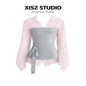 여성 핑크 스트라이프 블라우스와 셔츠 우아한 빈티지 일본 프레피 스타일 Y2k 갸루 오버사이즈 블라우스 긴팔 셔츠 2026