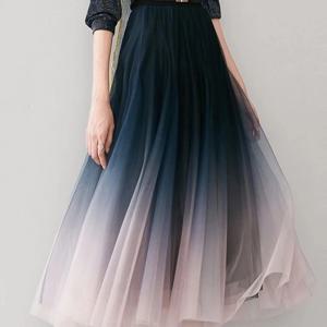 MEXZT 우아한 Tulle 스커트 여성 하이 웨이스트 그라데이션 메쉬 Pleated 미디 스커트 한국어 탄성 루즈 캐주얼 모든 경기 라인 스커트