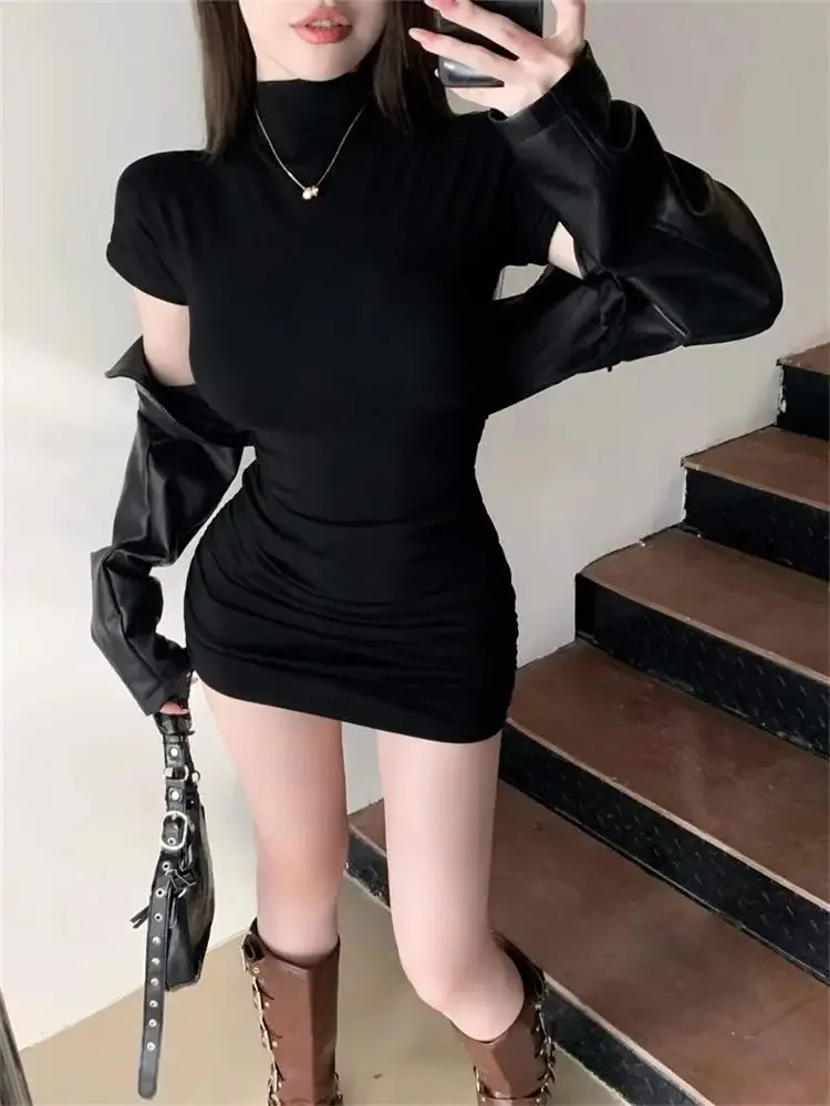 섹시한 타이트한 하프 하이 칼라 플리츠 허리 미니 드레스, 슬림핏 바디콘 여성 파티 드레스