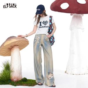 ELFSACK 귀여운 고양이와 리본 프린트가 있는 멋진 와이드 레그 청바지, 여성 여름 의상을 위한 스트리트웨어 데님 팬츠