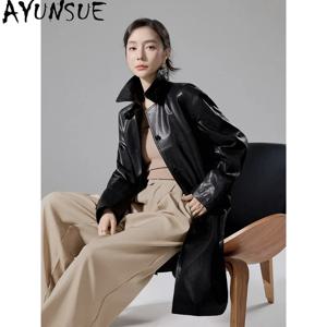 AYUNSUE 천연 가죽 재킷, 여성 의류, 겉옷, 양가죽, 중간 길이 트렌치 코트, 가을 여성용 코트, 넉넉한 핏, 식물성 태닝 가공