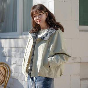 델마 체크 배색 후드 집업 자켓