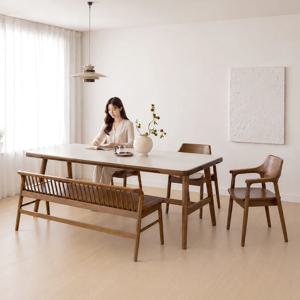 로만 세라믹 원목 6인용 식탁 세트 (의자3+벤치1)