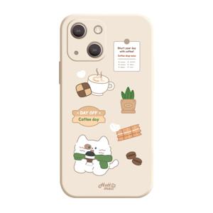 커피 마시는 귀욤 캐릭터 베이지 젤리 실리콘 풀커버 폰케이스