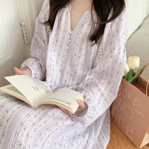 라벤다 긴팔 요루면 거즈면 원피스잠옷
