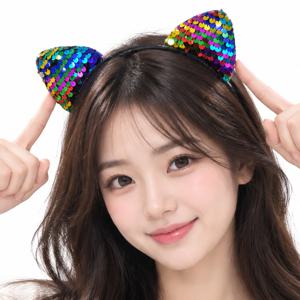 고양이 귀 머리띠 무지개톤 스팽글 반짝이 헤어밴드 생일 파티 용품 이벤트 의상 소품 사진