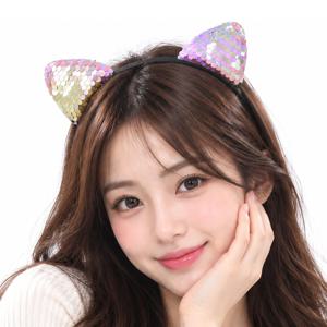고양이 귀 머리띠 홀로그램 핑크 스팽글 반짝이 헤어밴드 생일 파티 용품 이벤트 의상 소품