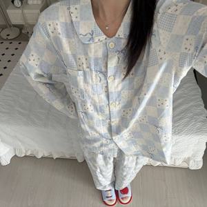 긴팔 세트 순면 퓨어 패치 체크 더블거즈 사계절 잠옷 1color
