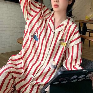 레드 스트라이프 카라 긴팔 잠옷세트 봄 가을 여성 홈웨어 파자마파티 학생잠옷 여행잠옷