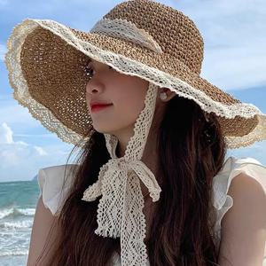 챙넓은 라탄 여성 밀짚모자 벙거지 레이스 여름 버킷햇
