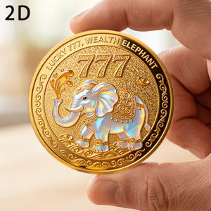 2D 평면 프린팅 777 재물코끼리 기념 코인 | 행운의 물을 뿌리는 코끼리 재물운 부적, 행운의 777 수집용 메달, 재물운을 부르는 부적 장식용 수집품, 2D 평면