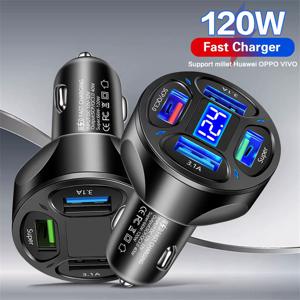 디지털 디스플레이가 탑재된 4포트 USB 차량용 충전기, 120W 고속 충전, 휴대폰 초고속 충전 지원, iPhone 16/15/14/13/12/11 Pro/Xs/Xr/Se, iPad 및 AirPods와 호환, 배터리 미포함