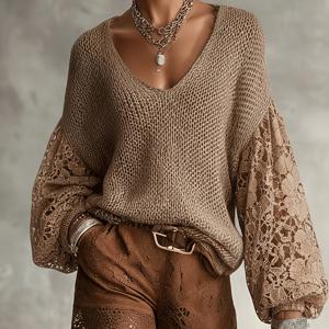 할로우 레이스 스티칭 가디건 V넥 루즈 랜턴 슬리브 탑 봄/여름 데일리 활용도 높은 아우터, 젠틀 스타일 게으른 스타일 탑+Ytd